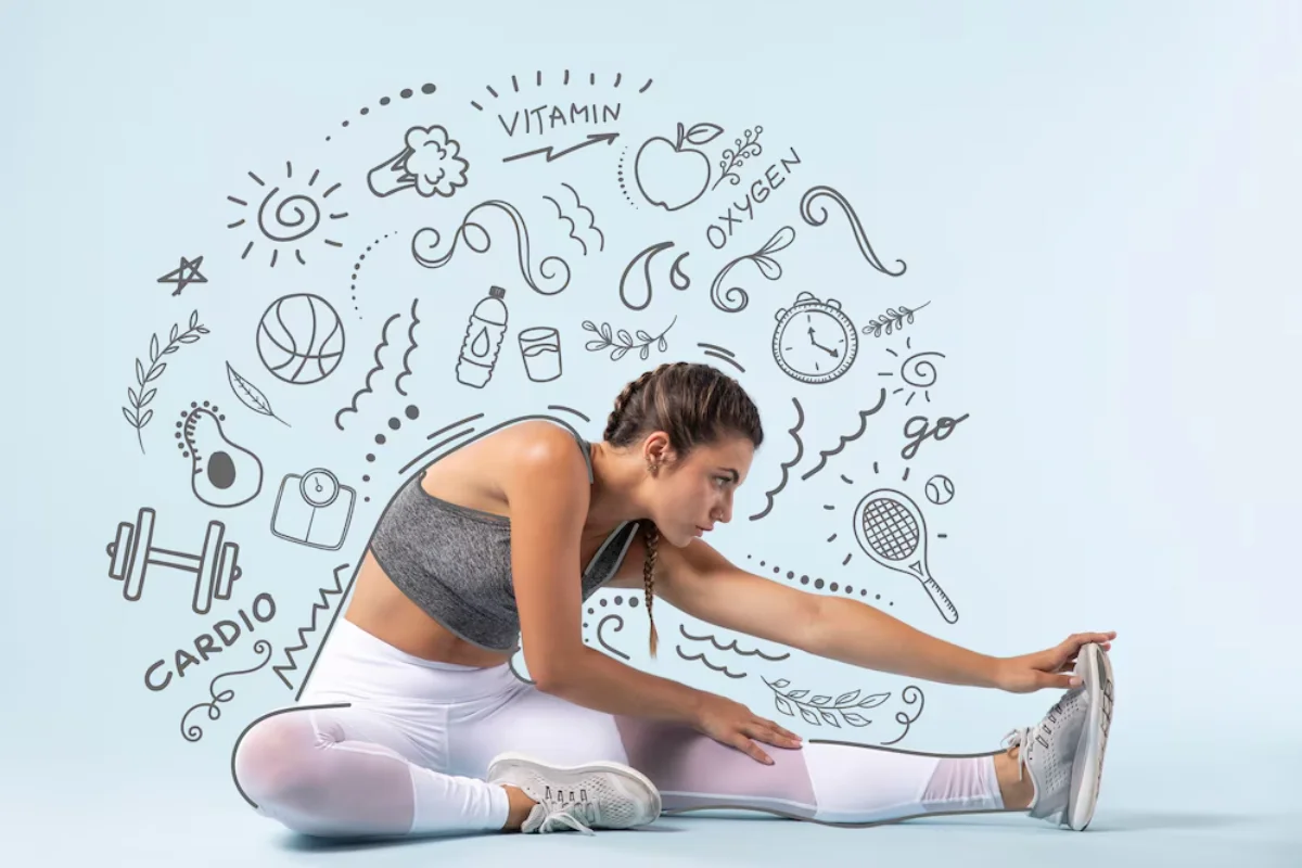 A woman stretches while surrounded by health and fitness related doodles on a light blue background.