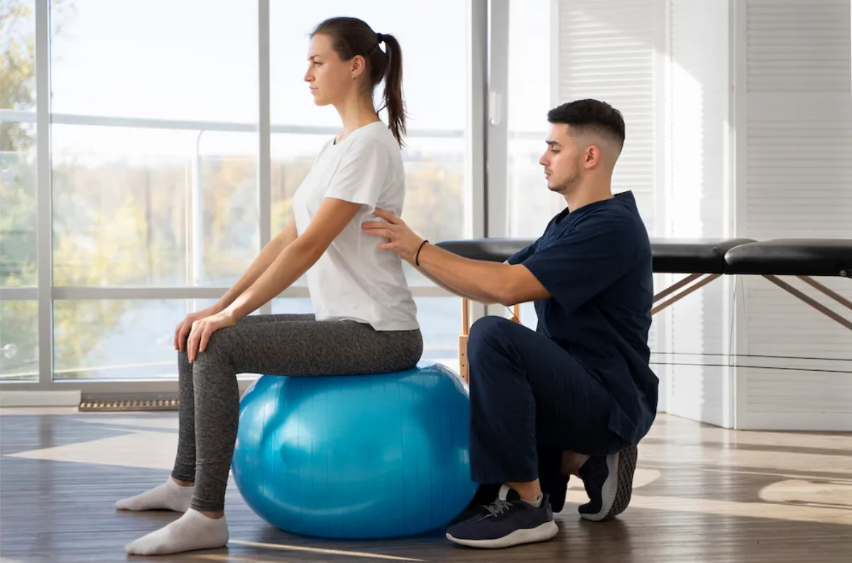 A physiotherapist assists a woman sitting on a blue exercise ball in a sunny, modern clinic room.