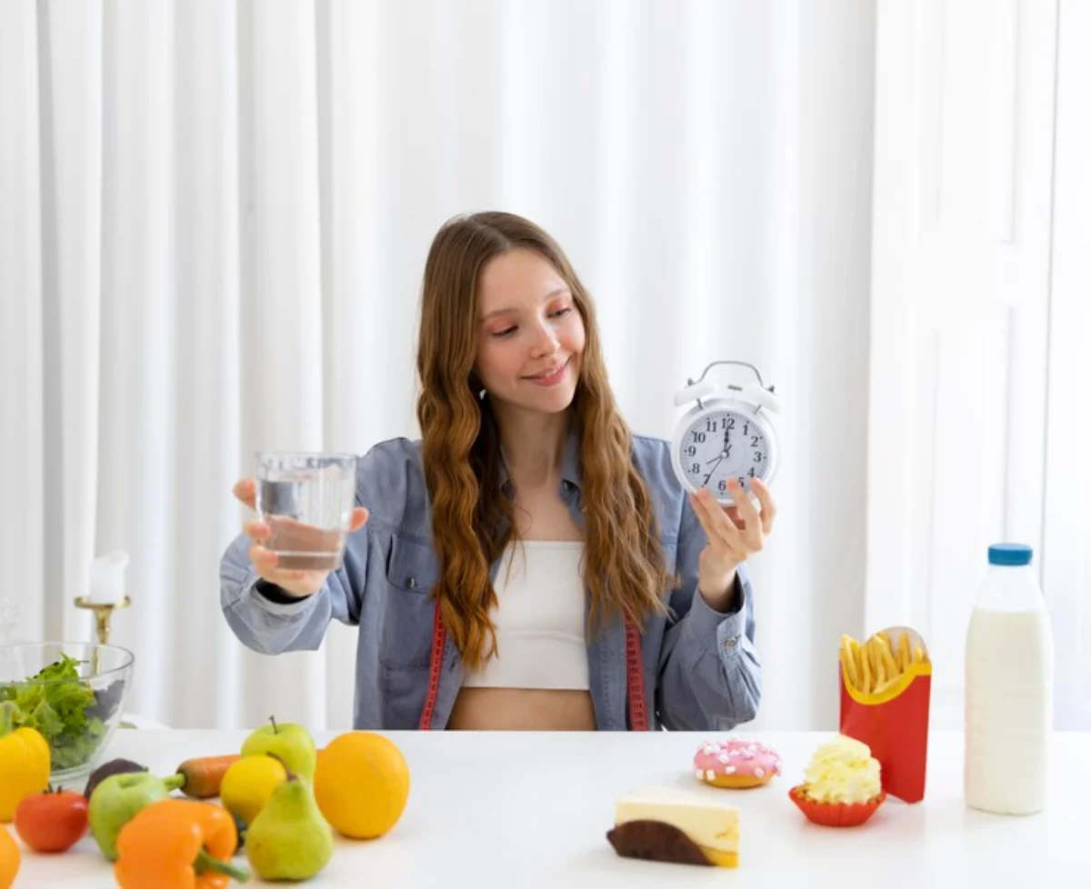 Young woman smiling, holding a glass of water and a clock, with healthy and unhealthy food options on kitchen table.