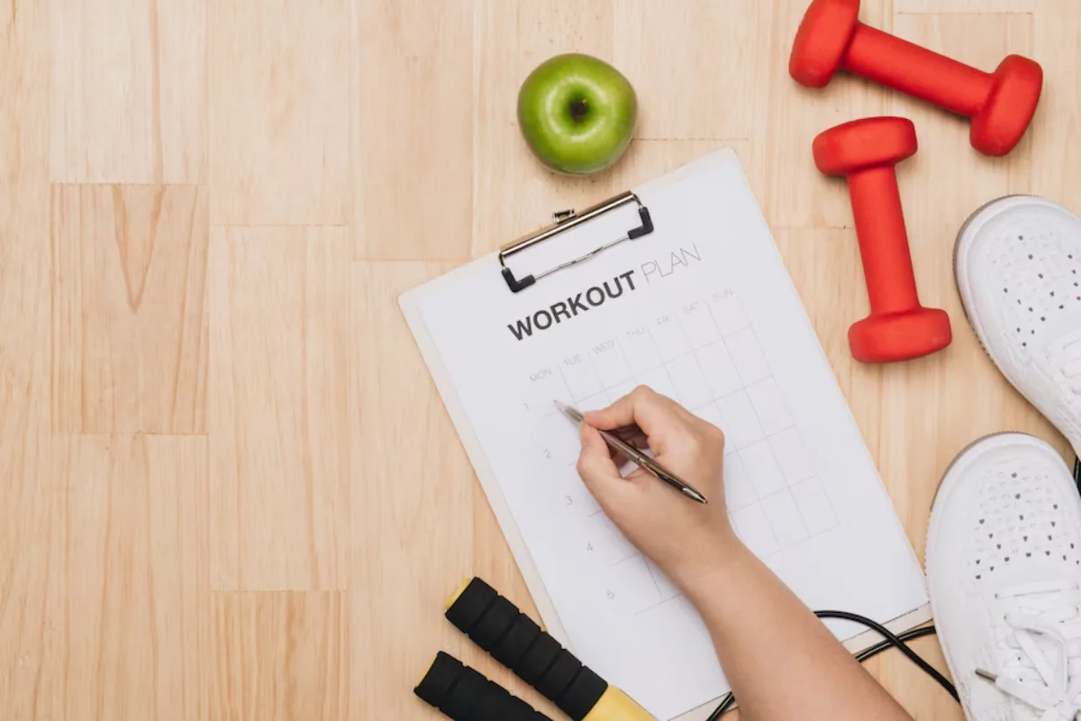 A person writes on a workout plan with dumbbells, trainers, and an apple nearby on a wooden floor.