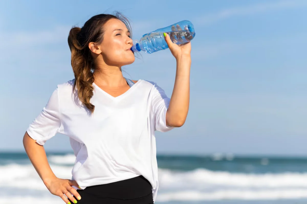 Woman drinking water from a bottle on a sunny beach.