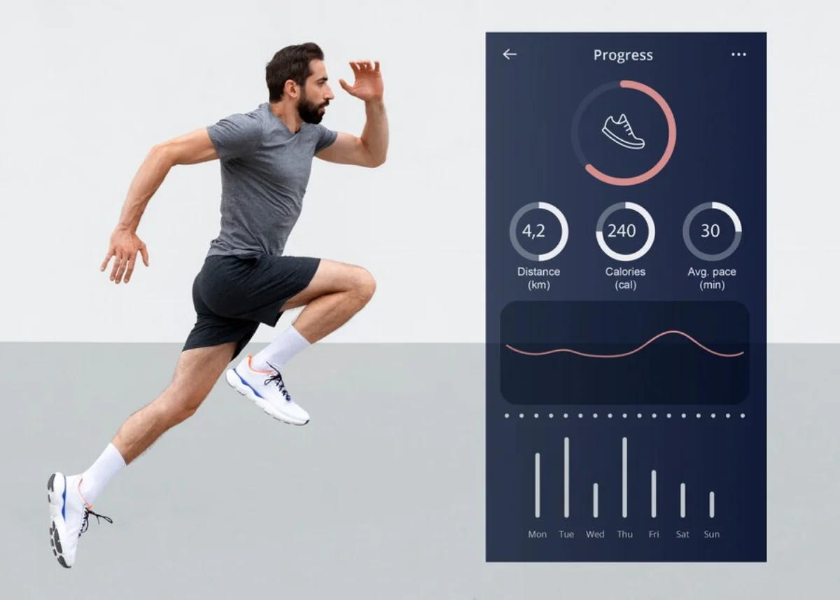 Man running beside a mobile fitness app display showing progress metrics such as distance, calories, and average pace.