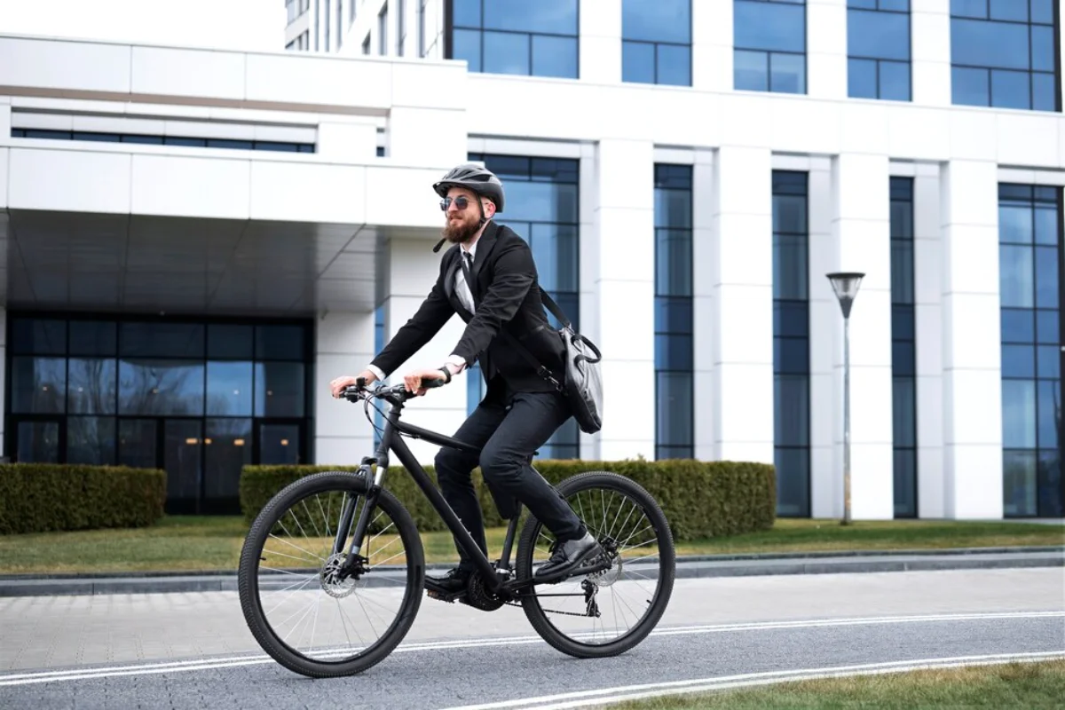 Man in business attire riding a bike in front of a modern office building.
