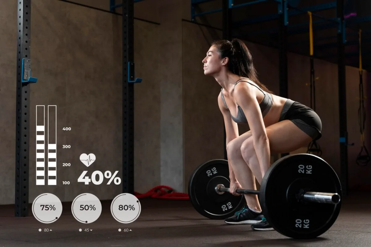 Woman lifting weights in a gym with digital fitness tracking metrics visible.