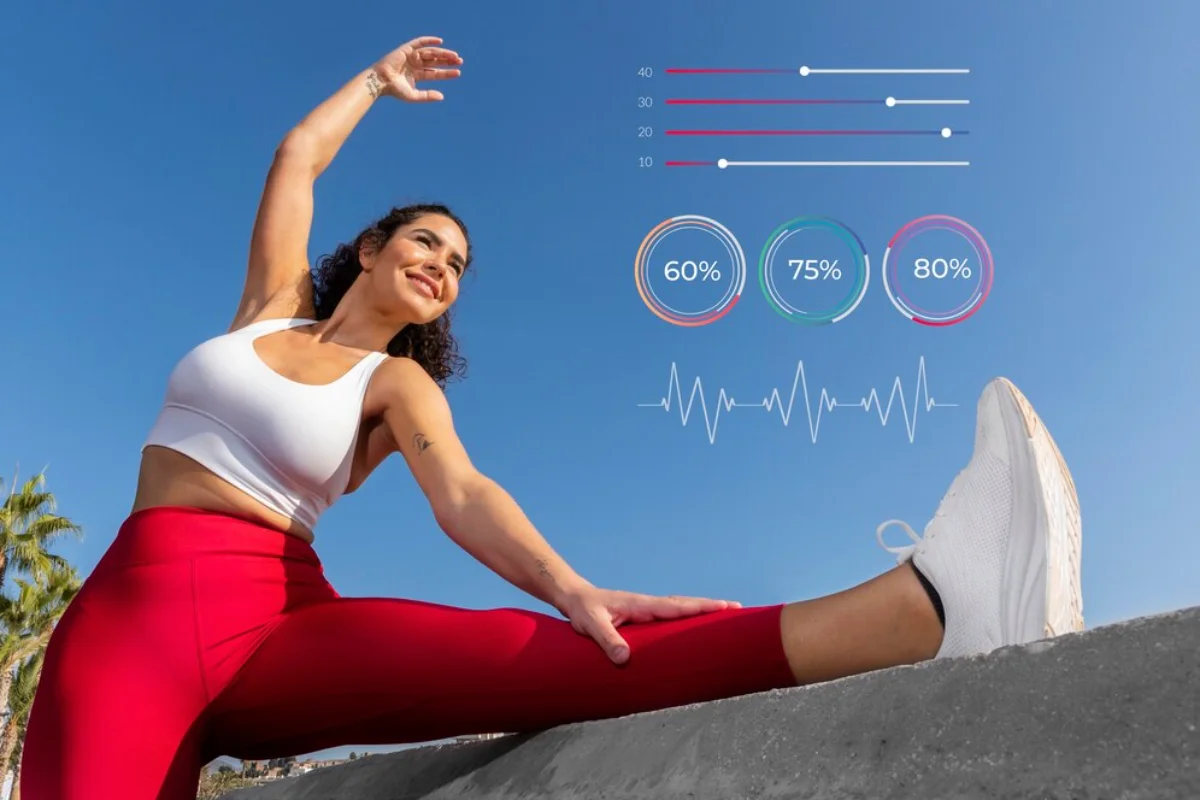 Woman in white top and red leggings stretching outdoors with digital fitness progress graphs in the background.