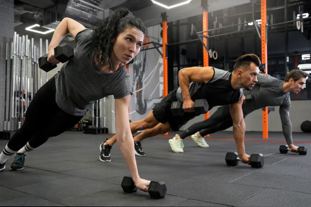 Three people performing advanced workouts with dumbbells in a modern gym setting.