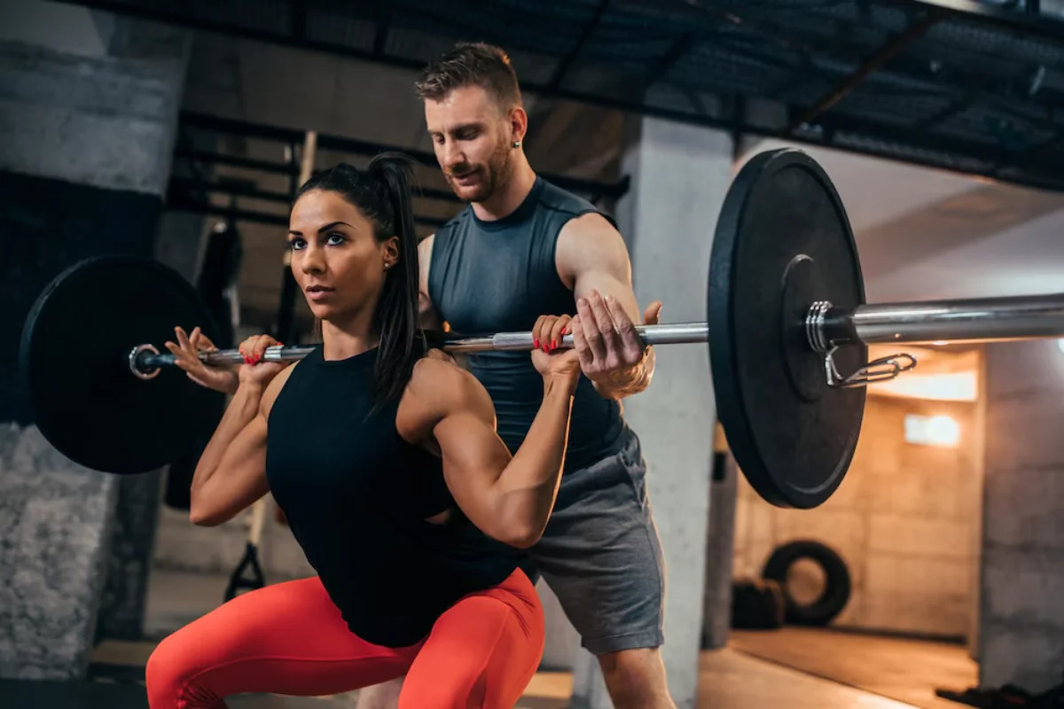 A man assisting a woman with a barbell squat in a gym.