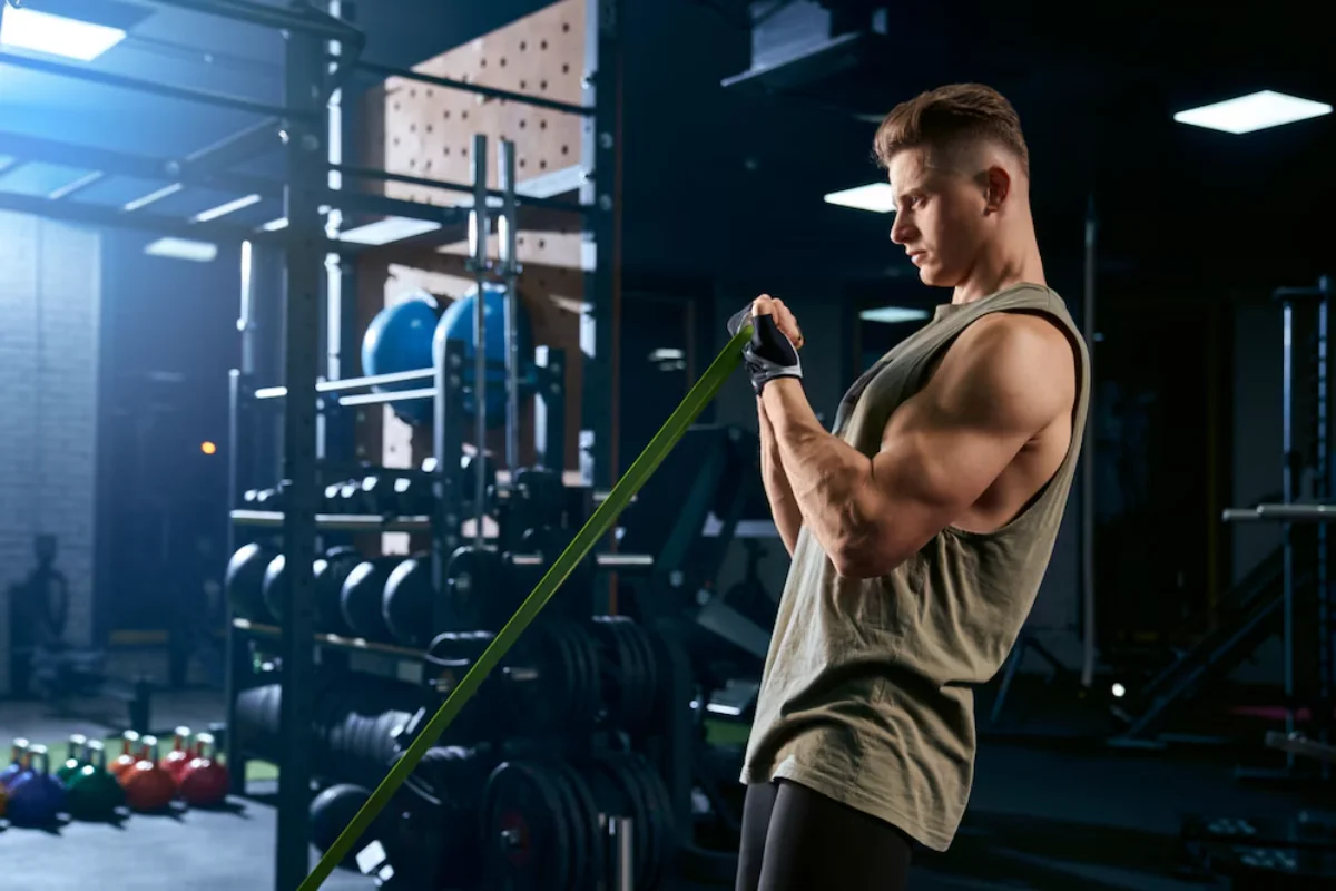 Young man exercising with resistance bands in a well-equipped gym.